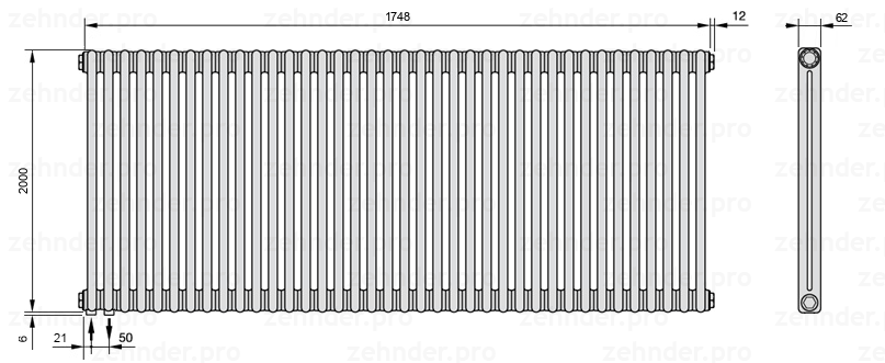 Схема (чертеж) Радиатор Zehnder Charleston 2200/38 №3370 Белый глянцевый RAL 9016